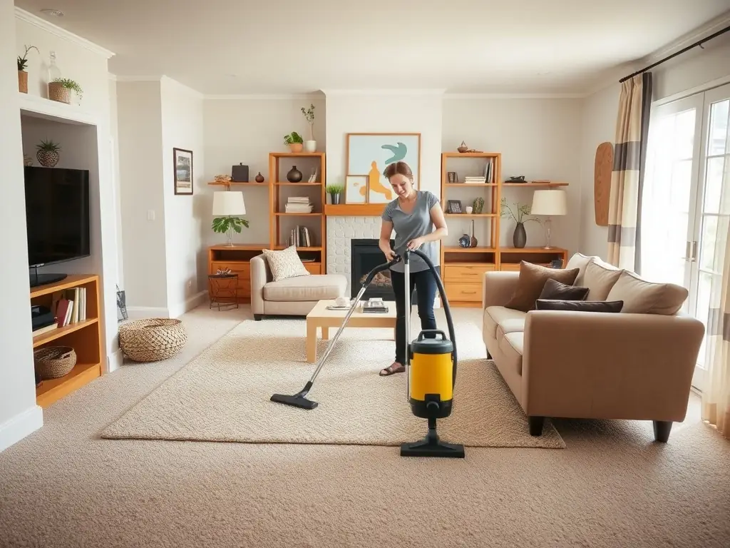 A cozy living room in a home, showcasing a RootClean employee vacuuming the carpet and ensuring a spotless environment.